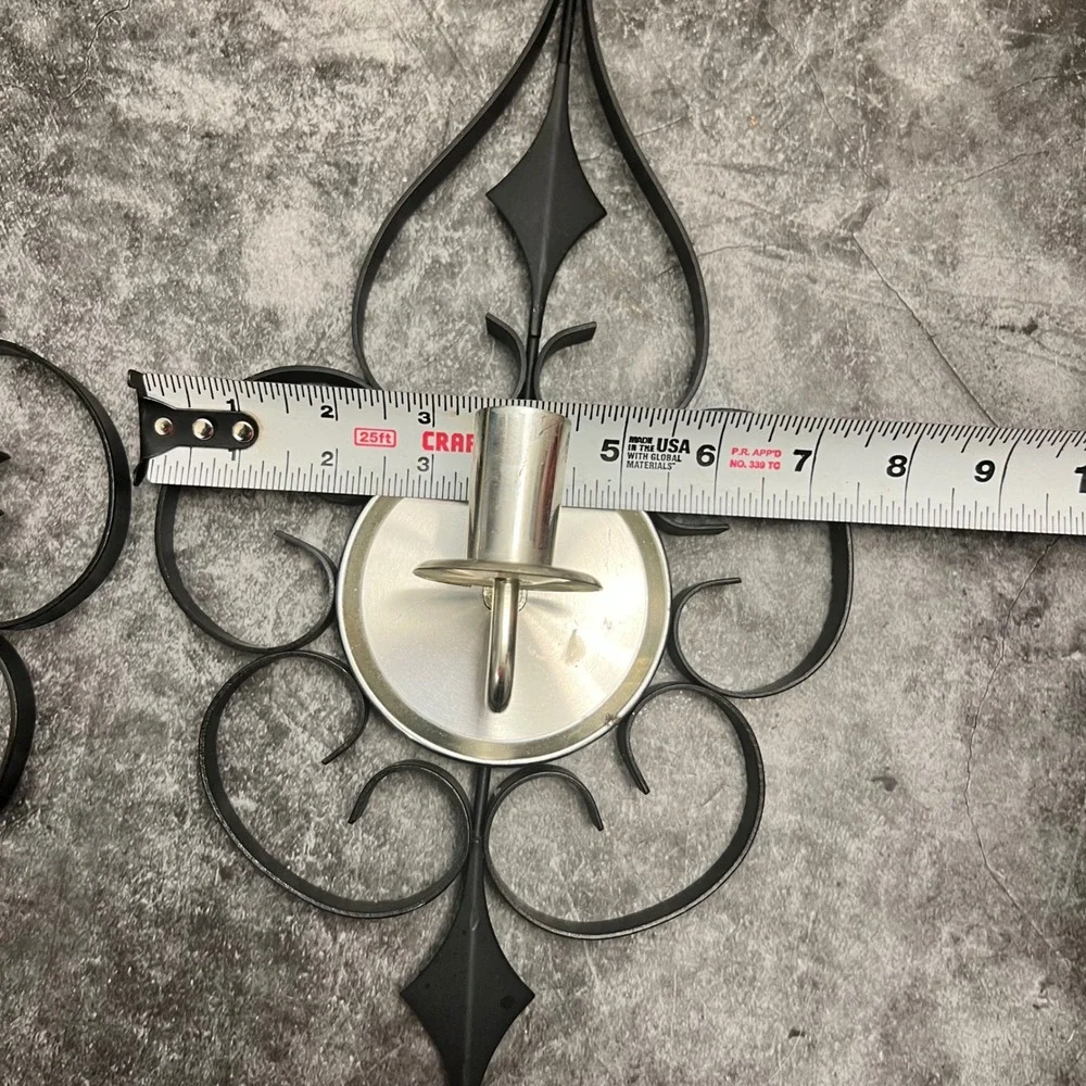 Vintage Mid-Century Modern Black & Chrome Scrollwork Candle Wall Sconce Pair